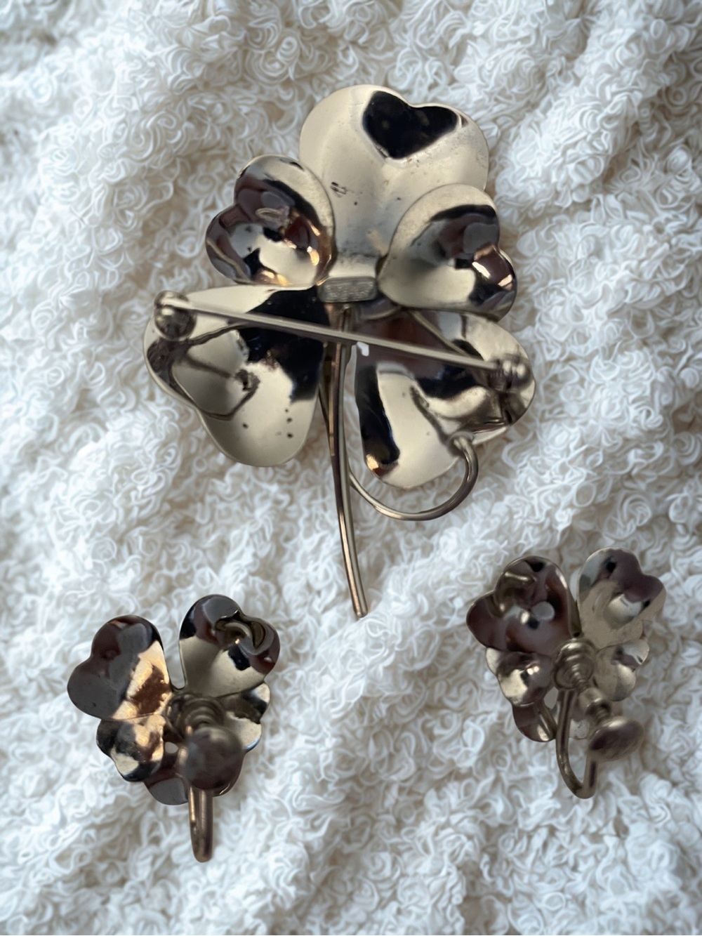 CARL ART Vintage Sterling Silver Rhinestone Clover Brooch Earrings Set Blue - Picture 3 of 9